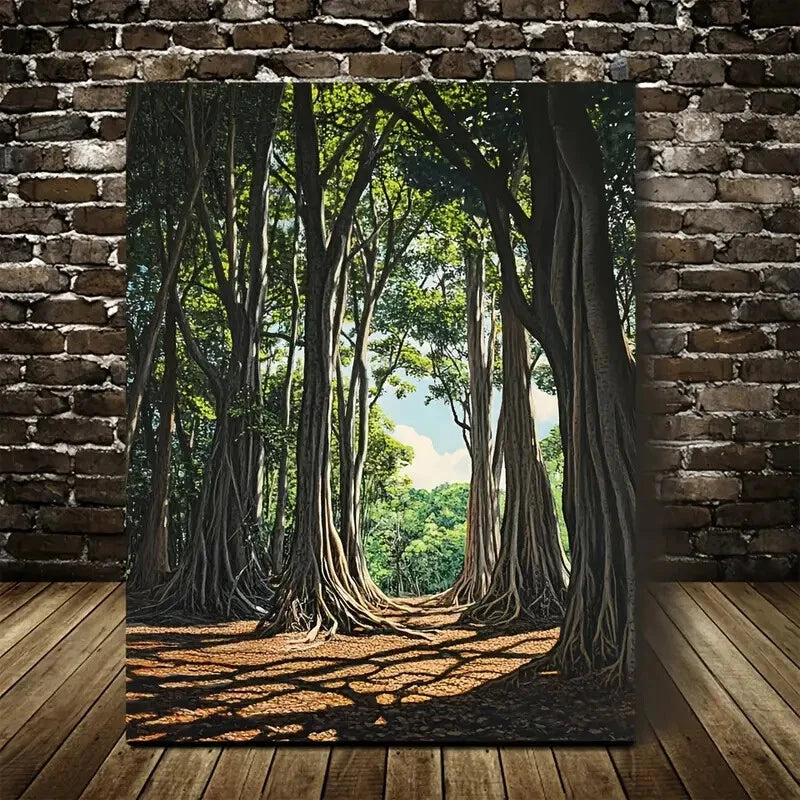 Vibrant Banyan Forest Scene with Lush Green Painting  40x60cm Metal Print Ready to Hang