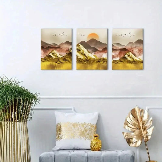 3pcs Abstract Mountain Wall Art Golden Mountains Metal Print Ready to Hang Art