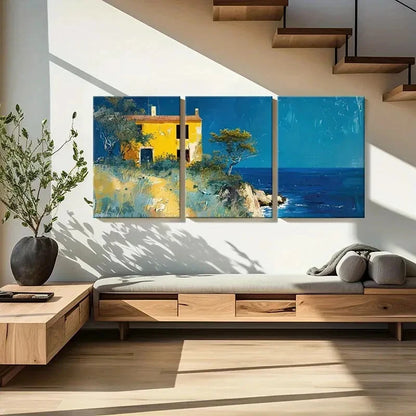 3pcs Artistic Coastal Landscape Yellow House Metal Print Ready to Hang Art