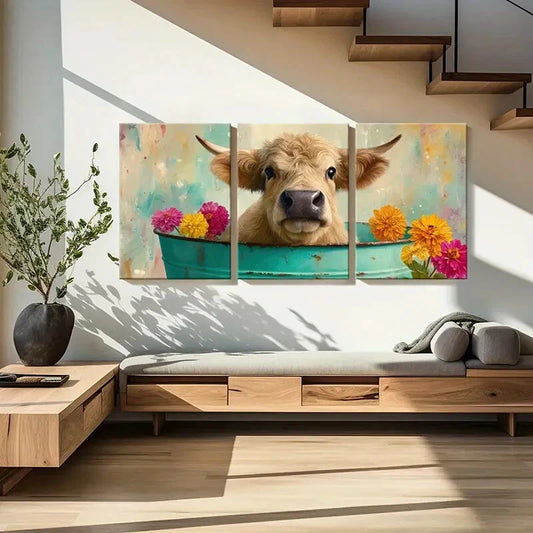 3pcs Cow in Tub with Vibrant Floral Surroundings Metal Print Ready to Hang Art