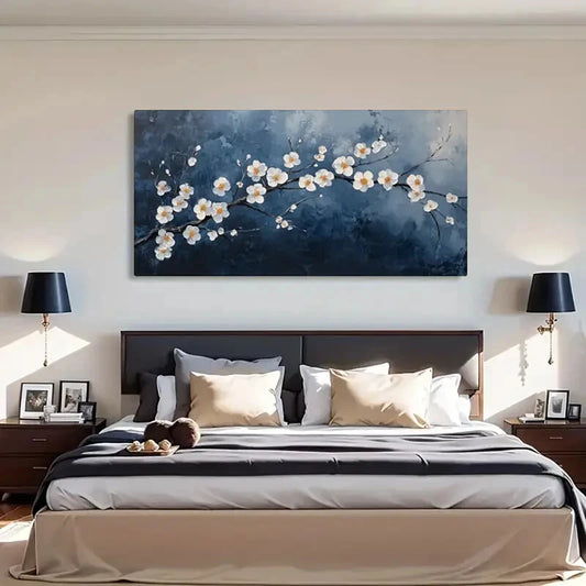 White Flowers Navy Blue Floral Wall Art Canvas Office Home Room Framed 120x60cm