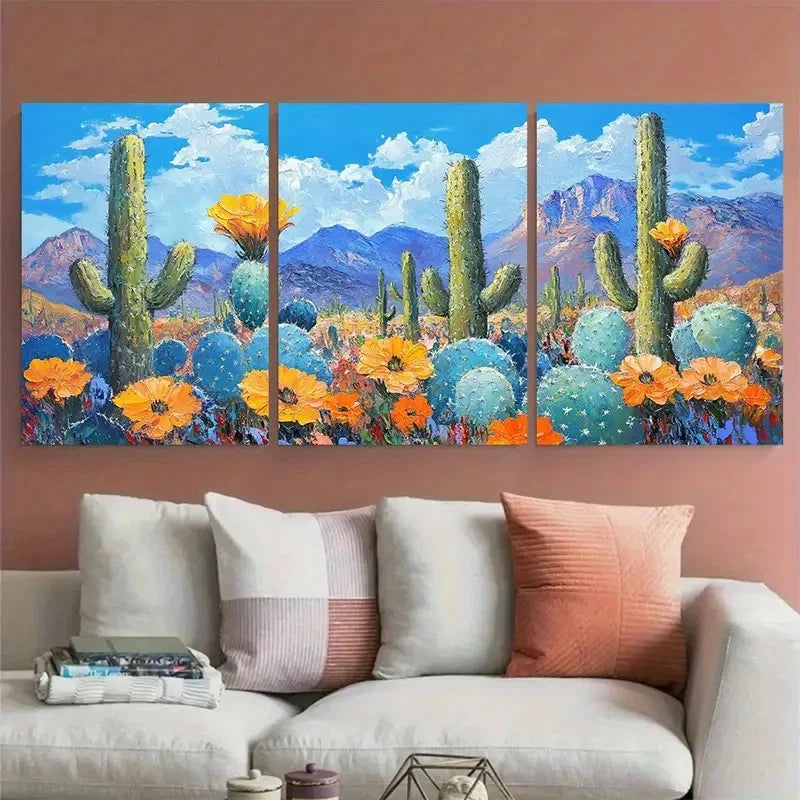 3pcs Vibrant Cactus Flowers Arizona Impasto Design Metal Print Ready to Hang Art