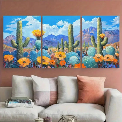 3pcs Vibrant Cactus Flowers Arizona Impasto Design Metal Print Ready to Hang Art