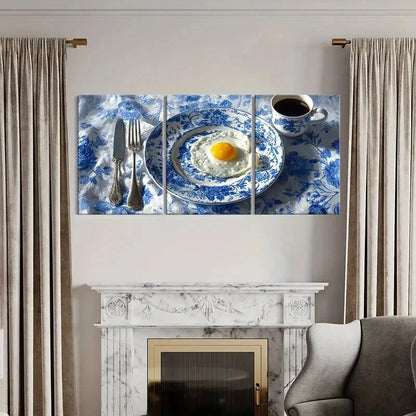 3pcs Breakfast Scene with Blue & White Porcelain Metal Print Ready to Hang Art
