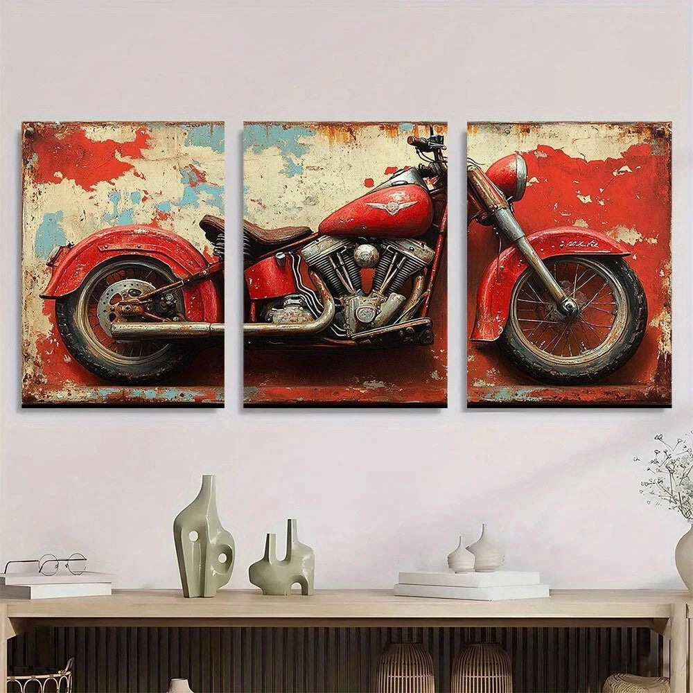 3pcs Motorcycle Red Themed Vintage Metal Print Ready to Hang Art