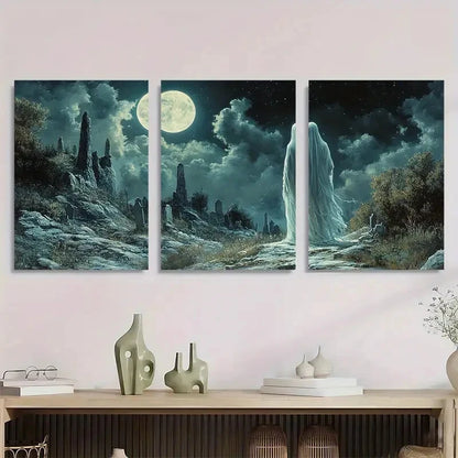 3pcs Halloween Veiled in Cemetery Metal Print Ready to Hang Art
