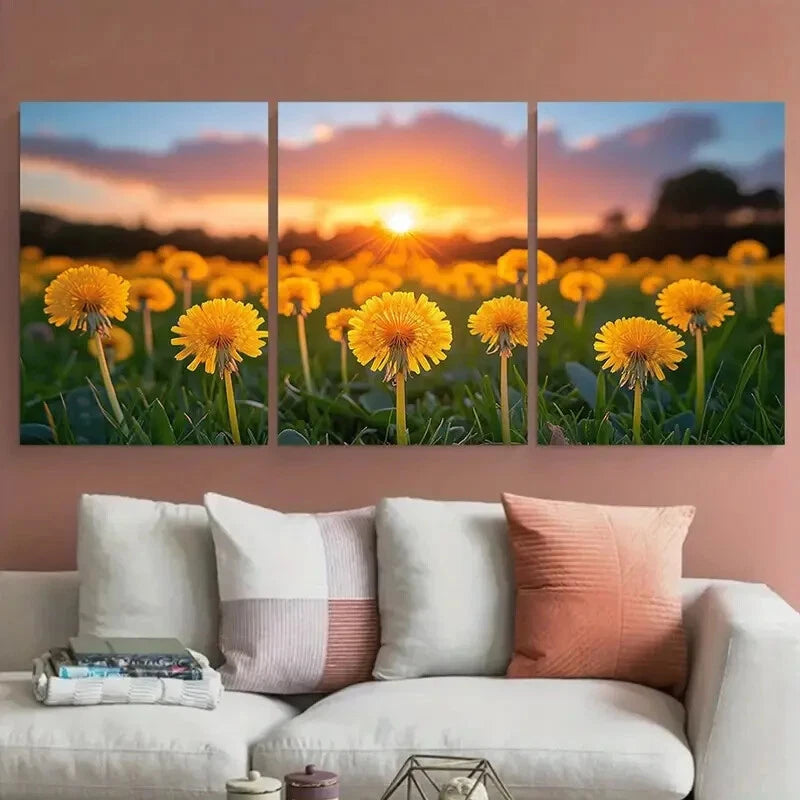 3pcs Yellow Dandelion Bulbs Evening Sunset Metal Print Ready to Hang Art
