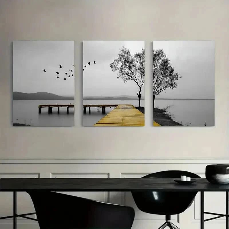 3pcs Ocean View Black and White Tree Metal Print Ready to Hang Art