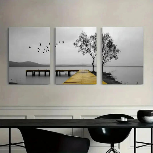 3pcs Ocean View Black and White Tree Metal Print Ready to Hang Art