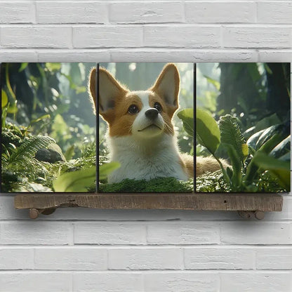 3pcs Green Leaves Dog in The Forest Metal Print Ready to Hang Art