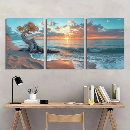 3pcs Tree Trunk on a Sandy Shore with a Calm Ocean Metal Print Ready to Hang Art