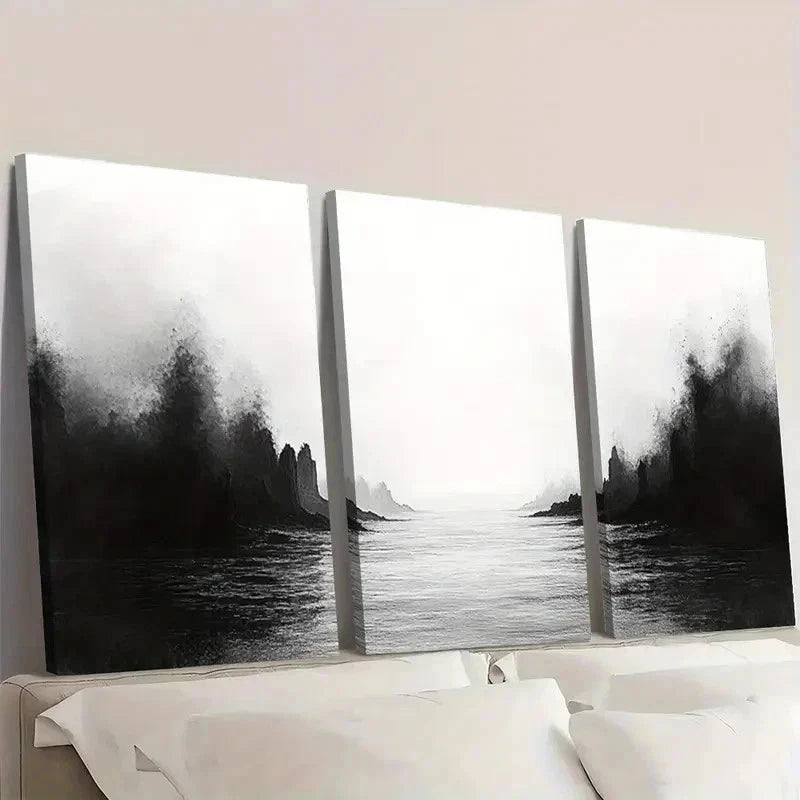 3pcs Black Ink Wash Minimalist Art DF Wall Art Set Canvas Framed 60x90cm - High Quality Print 100% Australian Made Wall Canvas Ready to Hang