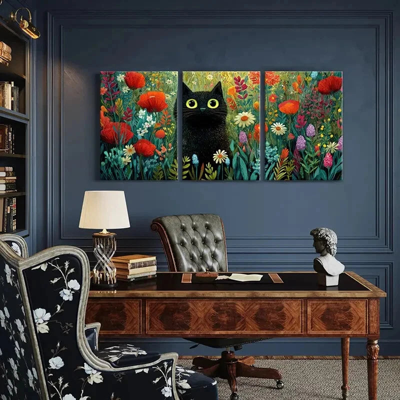 3pcs Black Cat & Vibrant Flowers Canvas Poster Metal Print Ready to Hang Art