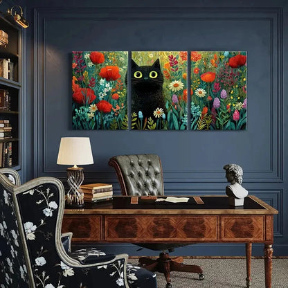 3pcs Black Cat & Vibrant Flowers Canvas Poster Metal Print Ready to Hang Art