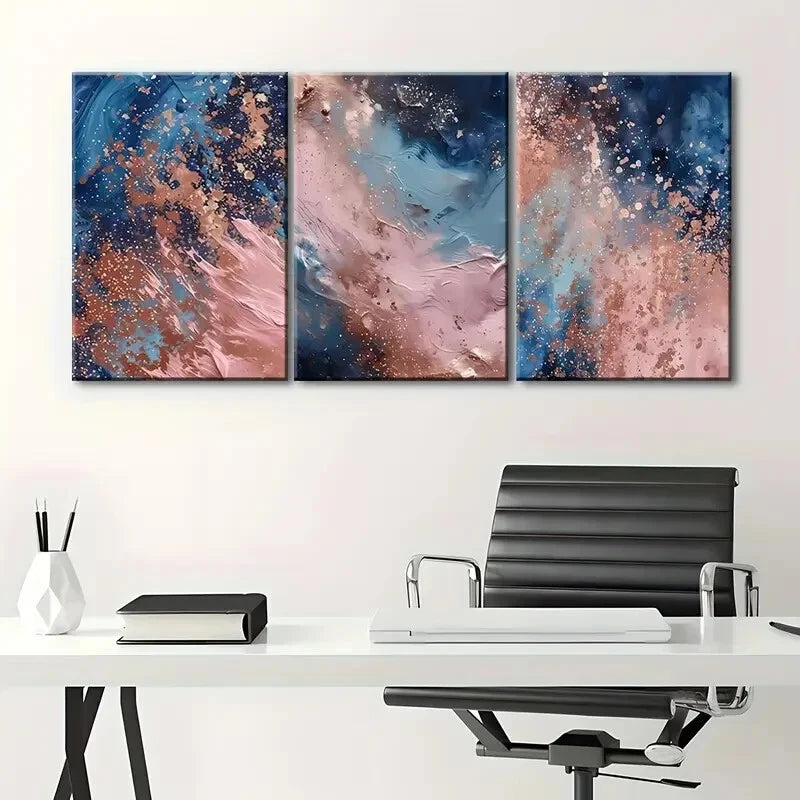 3pcs Navy Pink & Blue Abstract Metal Print Ready to Hang Art