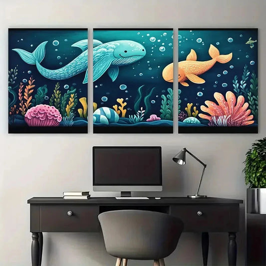3pcs Under the Sea Nursery Illustration Wall Art Set Canvas Framed 50x70cm - High Quality Print 100% Australian Made Wall Canvas Ready to Hang