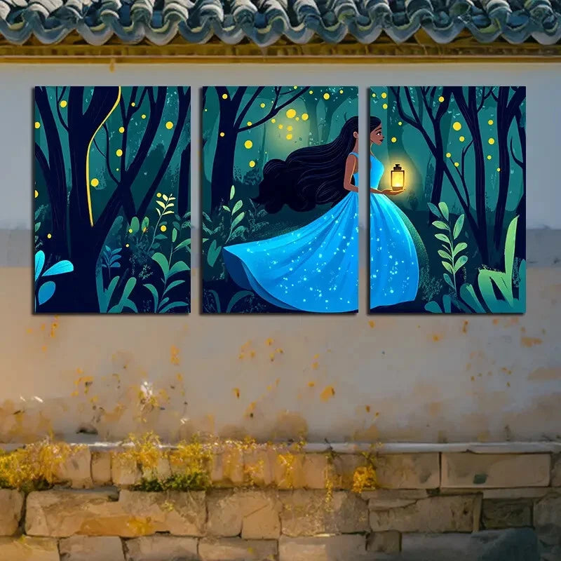 3pcs Vibrant Girl in the Forest with Fireflies Metal Print Ready to Hang Art