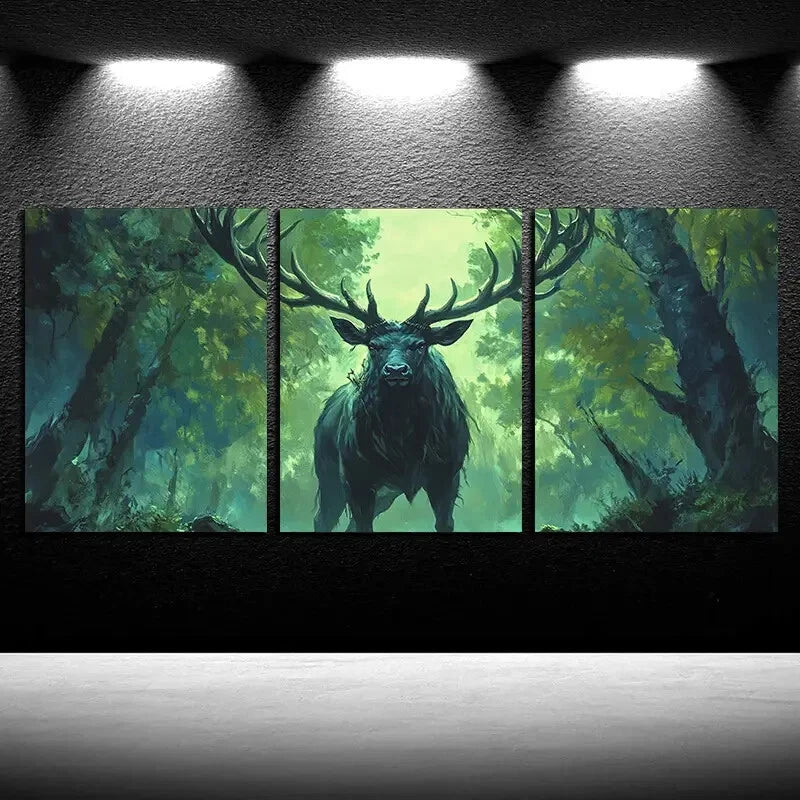 3pcs Vibrant Furious Black Stag Forest Metal Print Ready to Hang Art