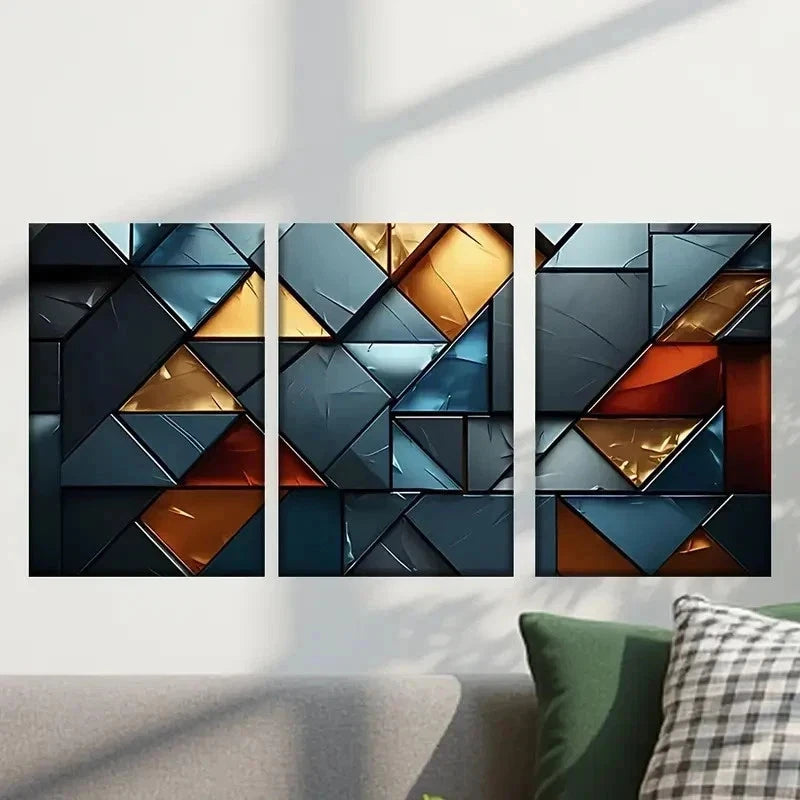 3pcs Blue Golden & Black Triangles Wall Art Set Canvas Framed 40x60cm - High Quality Print 100% Australian Made Wall Canvas Ready to Hang