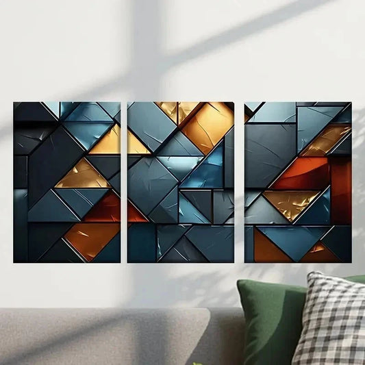 3pcs Blue Golden & Black Triangles Wall Art Set Canvas Framed 40x60cm - High Quality Print 100% Australian Made Wall Canvas Ready to Hang