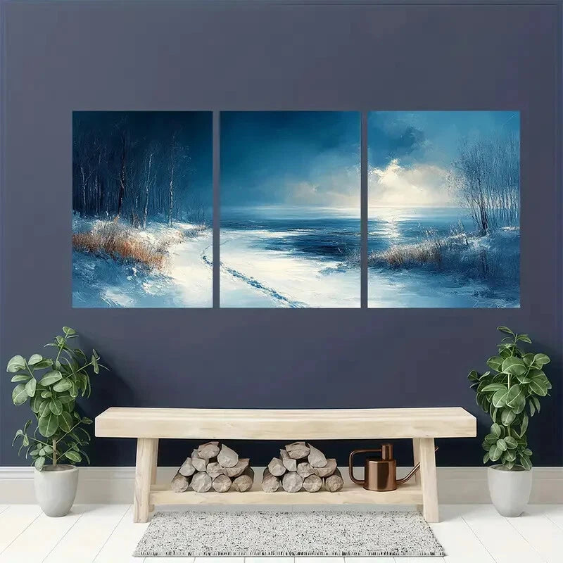 3pcs Winter Snow Scene with Dramatic Sky Metal Print Ready to Hang Art