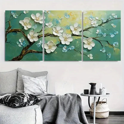 3pcs White Blossom on Green Branch Metal Print Ready to Hang Art