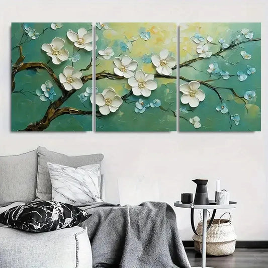 3pcs White Blossom on Green Branch Metal Print Ready to Hang Art