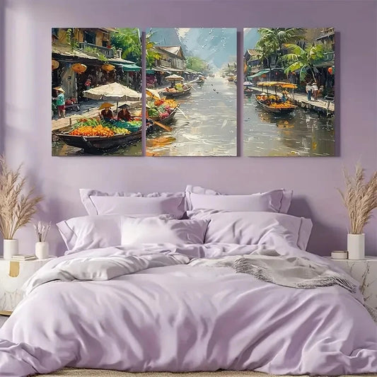 3pcs Asian Vibrant Floating Market Scenery Metal Print Ready to Hang Art