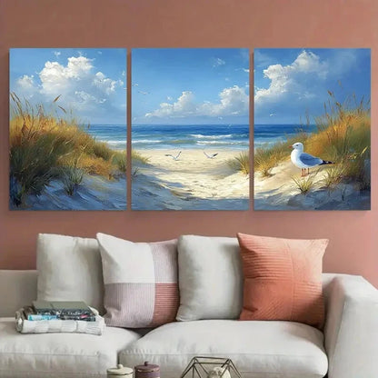 3pcs Grassy Sand Dunes Seagulls Ocean Beach Metal Print Ready to Hang Art