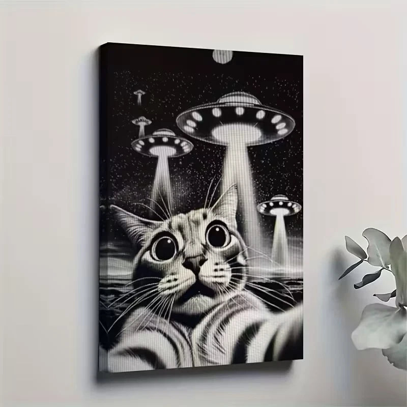 Whimsical Cat & UFO Adventure Oil Painting 60x90cm Metal Print Ready to Hang