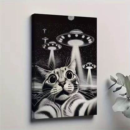 Whimsical Cat & UFO Adventure Oil Painting 60x90cm Metal Print Ready to Hang