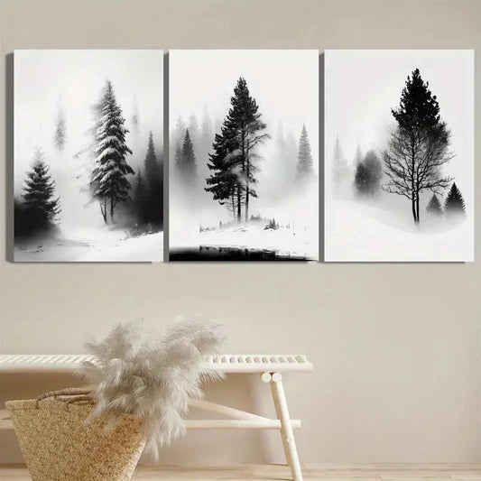 3pcs Black and White Misty Forest Scenes with Pine Metal Print Ready to Hang Art