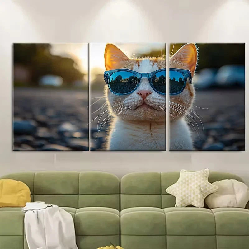 3pcs Stylish White Cat in Blue Glasses Metal Print Ready to Hang Art