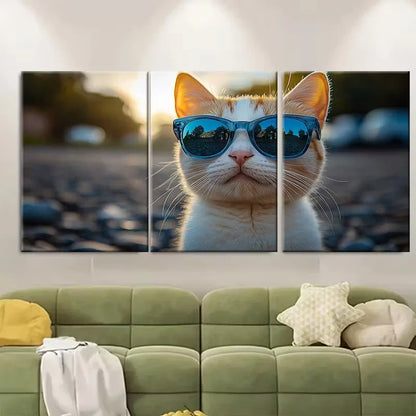 3pcs Stylish White Cat in Blue Glasses Metal Print Ready to Hang Art