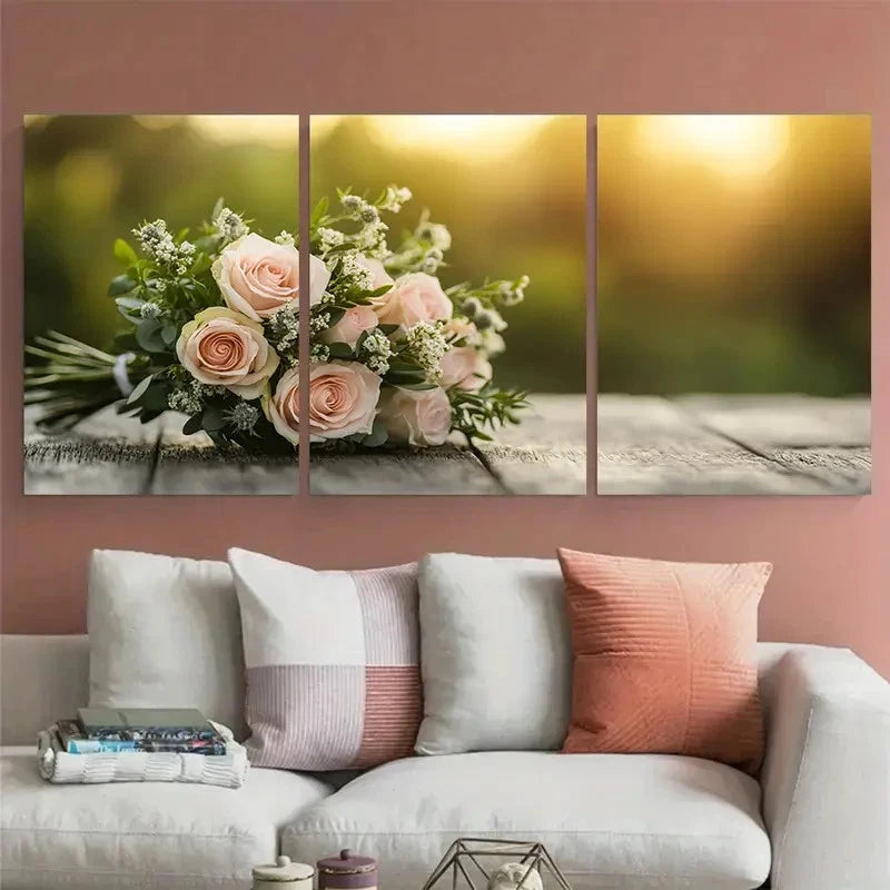 3pcs Double-Sided Floral Pastel Pink Roses Elegant Metal Print Ready to Hang Art