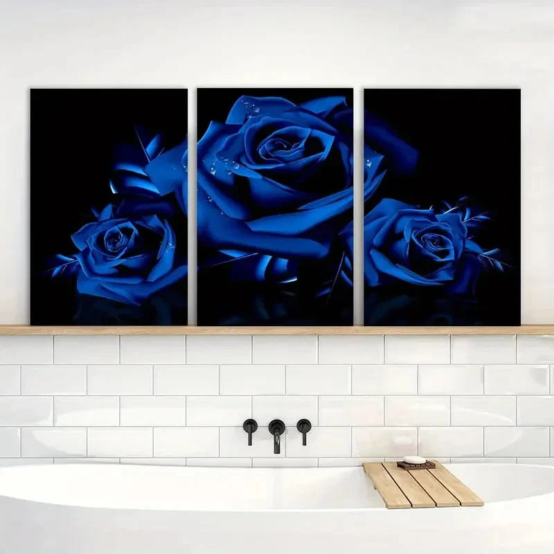 3pcs Royal Blue Rose Flowers Blossom Painting Metal Print Ready to Hang Art
