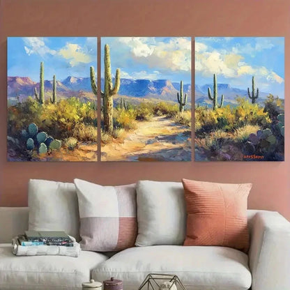 3pcs Saguaro Cactus Landscape Impasto Design Wall Art Set Canvas Framed 40x60cm - High Quality Print 100% Australian Made Wall Canvas Ready to Hang