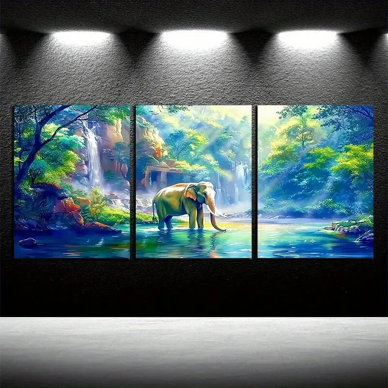 3pcs Elephant & Jungle Scenery Metal Print Ready to Hang Art