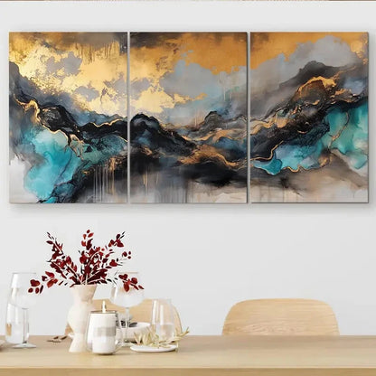 3pcs Abstract Golden & Teal Mountain Metal Print Ready to Hang Art