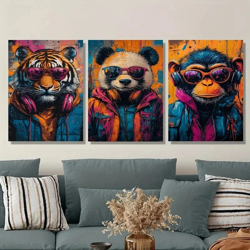 3pcs Animals with Glasses and Headphones Metal Print Ready to Hang Art