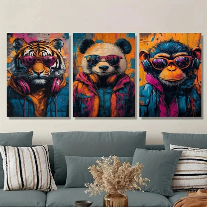 3pcs Animals with Glasses and Headphones Metal Print Ready to Hang Art