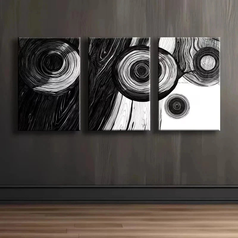 3pcs Black and white Abstract Wood Ring Metal Print Ready to Hang Art