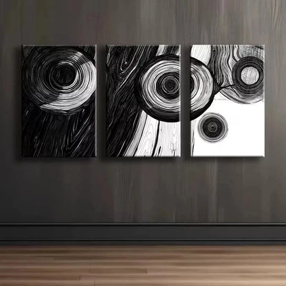 3pcs Black and white Abstract Wood Ring Metal Print Ready to Hang Art