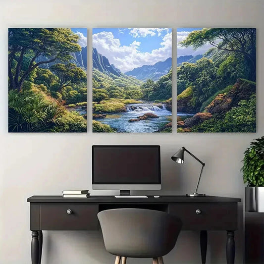 3pcs Iao Valley Stream Wailuku Illustration Metal Print Ready to Hang Art