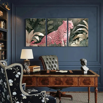 3pcs Artistic Pink Leopard Jungle Scene Metal Print Ready to Hang Art