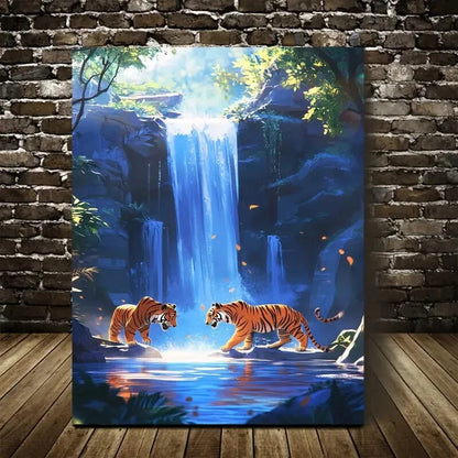 Vibrant Tiger Scene with Crystal Clear Painting 40x60cm Metal Print Ready to Hang
