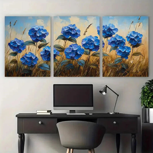 3pcs Hydrangea Flowers Meadow Impasto Design Metal Print Ready to Hang Art