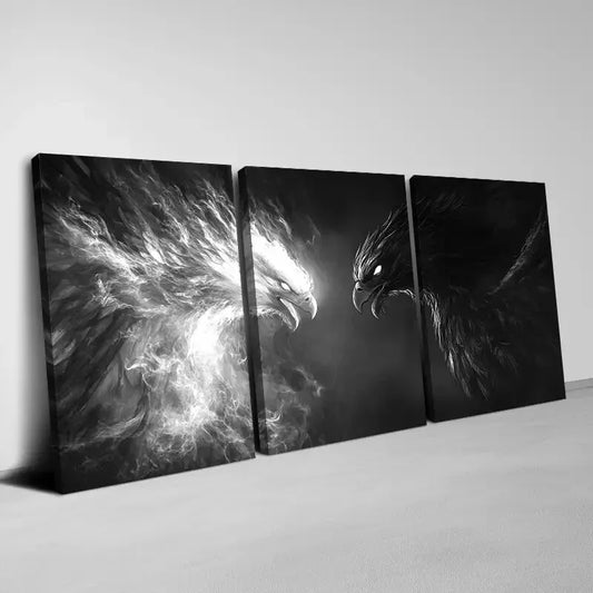 3pcs Modern Furious Black And White Phoenix Wall Art Set Canvas Framed 50x70cm - High Quality Print 100% Australian Made Wall Canvas Ready to Hang