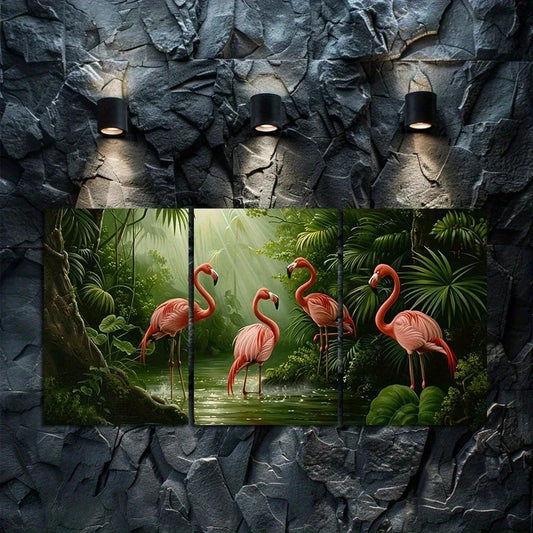3pcs Flamingo Tropical Oil Painting Metal Print Ready to Hang Art