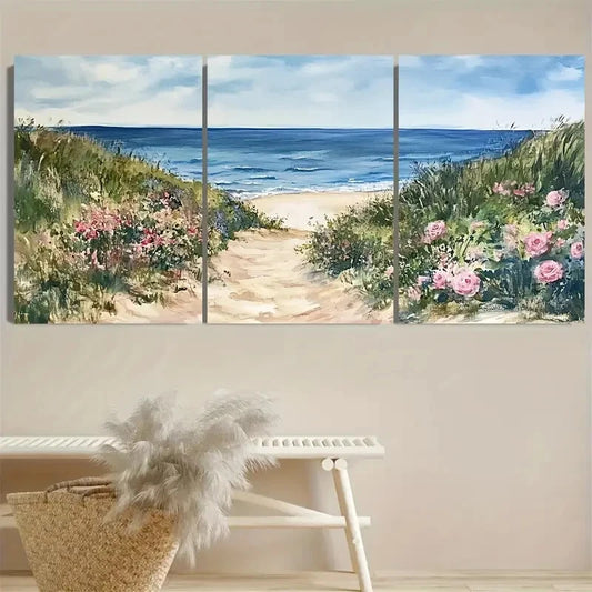 3pcs Cape Cod Coastal Sand Dunes Wild Roses Design Metal Print Ready to Hang Art